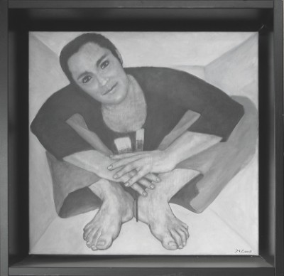 Acrylbild einer Frau in einer Kiste gekauert mit Pinseln in der Hand